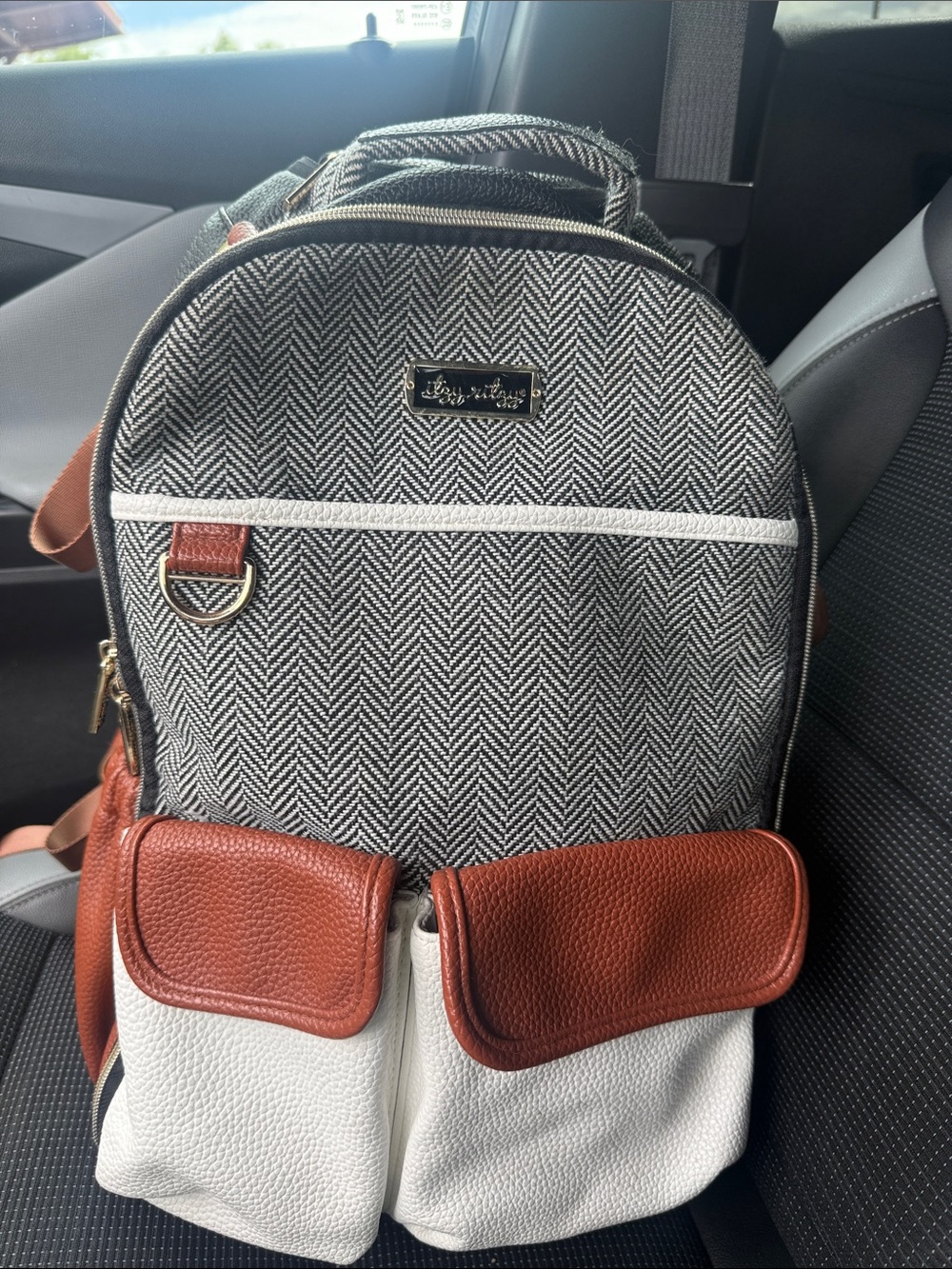 Itzy Ritzy Herringbone Black & White Diaper Backpack with Brown Accents